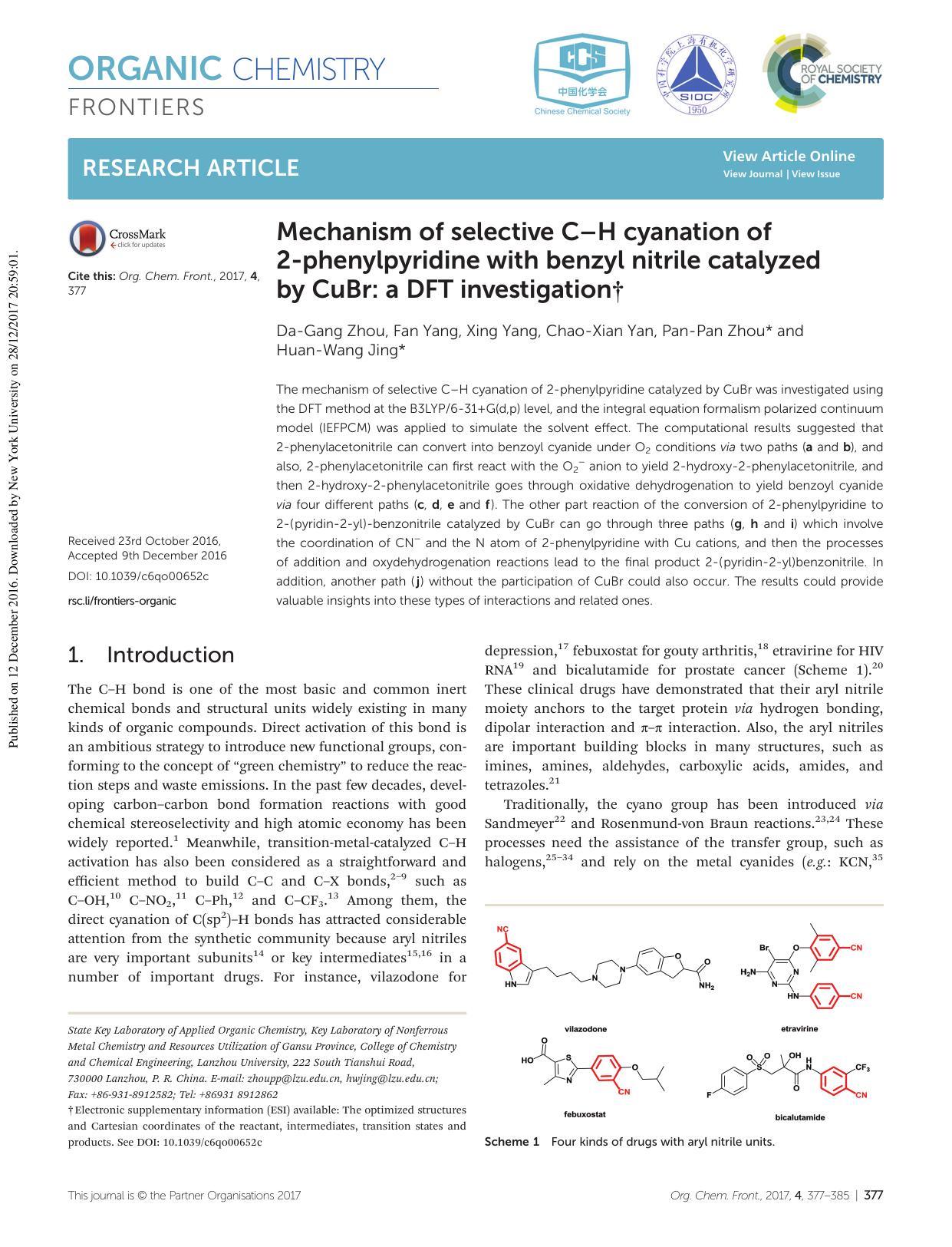 Mechanism of selective CâH cyanation of 2-phenylpyridine with benzyl nitrile catalyzed by CuBr: a DFT investigation by Da-Gang Zhou Fan Yang Xing Yang Chao-Xian Yan Pan-Pan Zhou Huan-Wang Jing