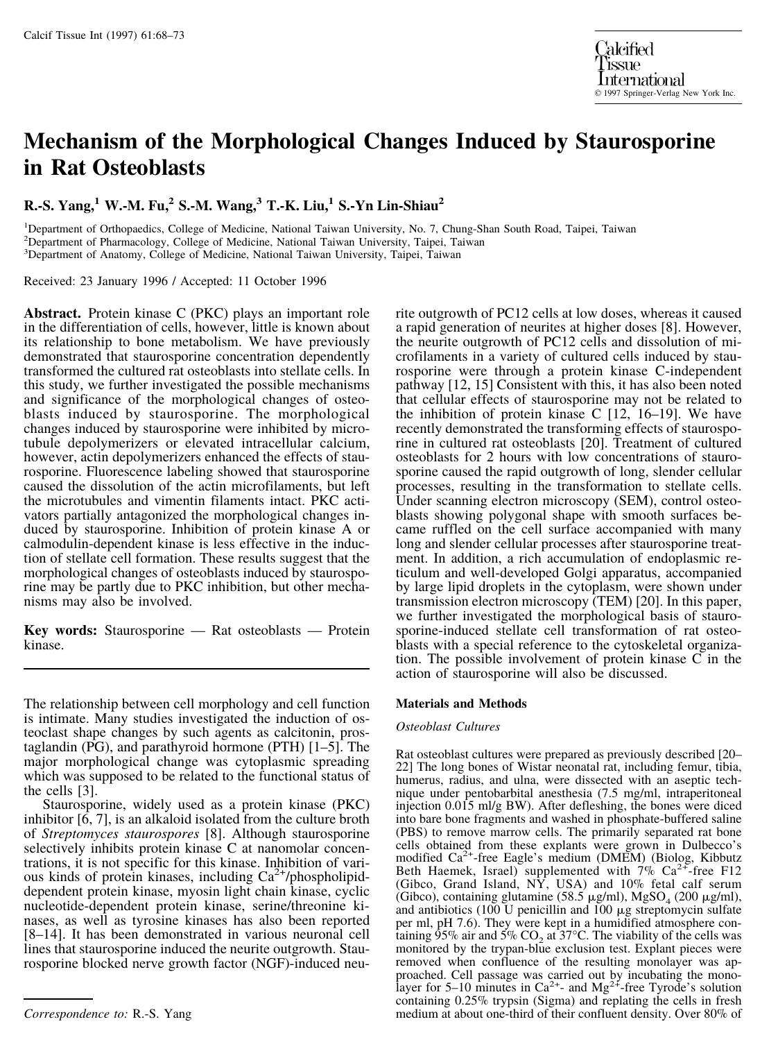 Mechanism of the Morphological Changes Induced by Staurosporine in Rat Osteoblasts by Yang R.-S. et al