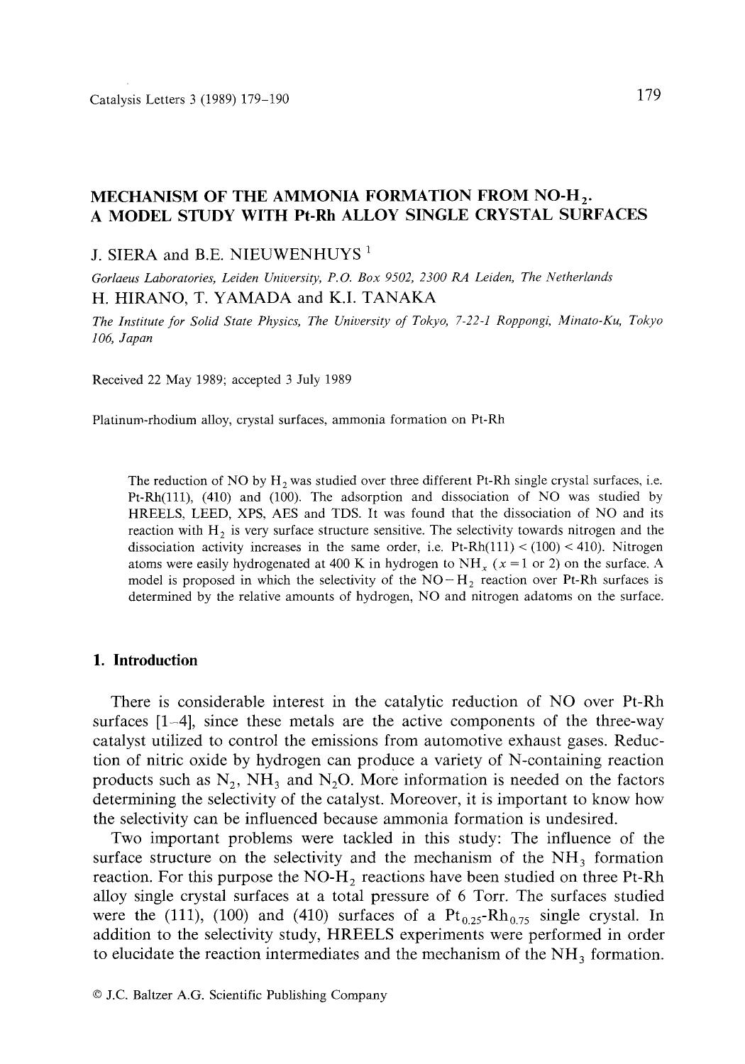 Mechanism of the ammonia formation from NO-H <Subscript>2 <Subscript>. A model study with Pt-Rh alloy single crystal surfaces by Unknown