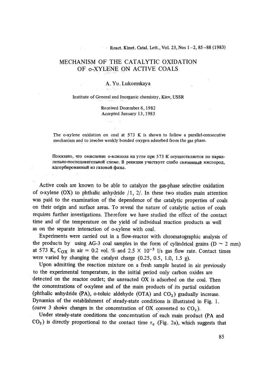 Mechanism of the catalytic oxidation of o-xylene on active coals by Unknown