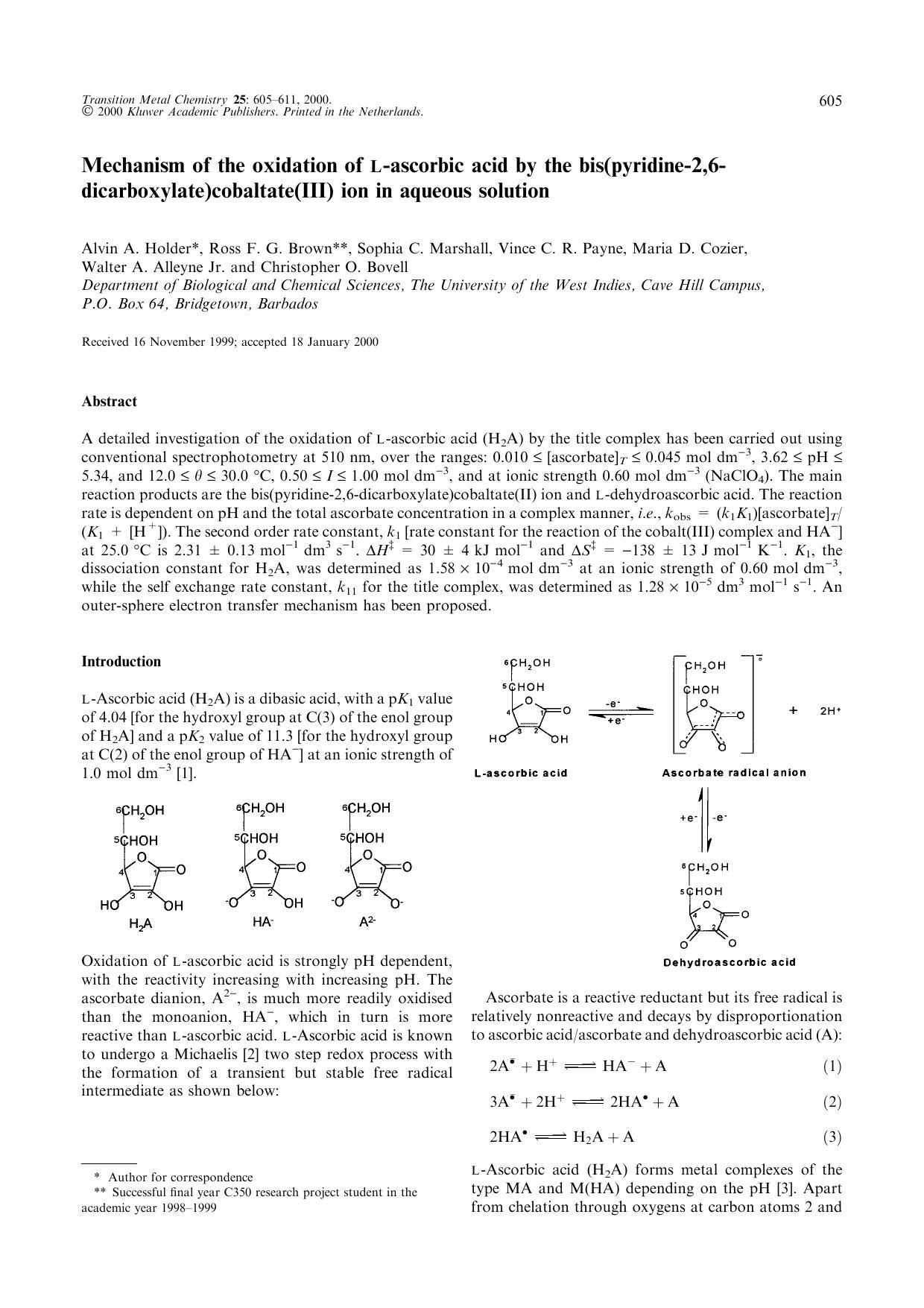 Mechanism of the oxidation of L-ascorbic acid by the bis(pyridine-2,6-dicarboxylate)cobaltate(III) ion in aqueous solution by Unknown