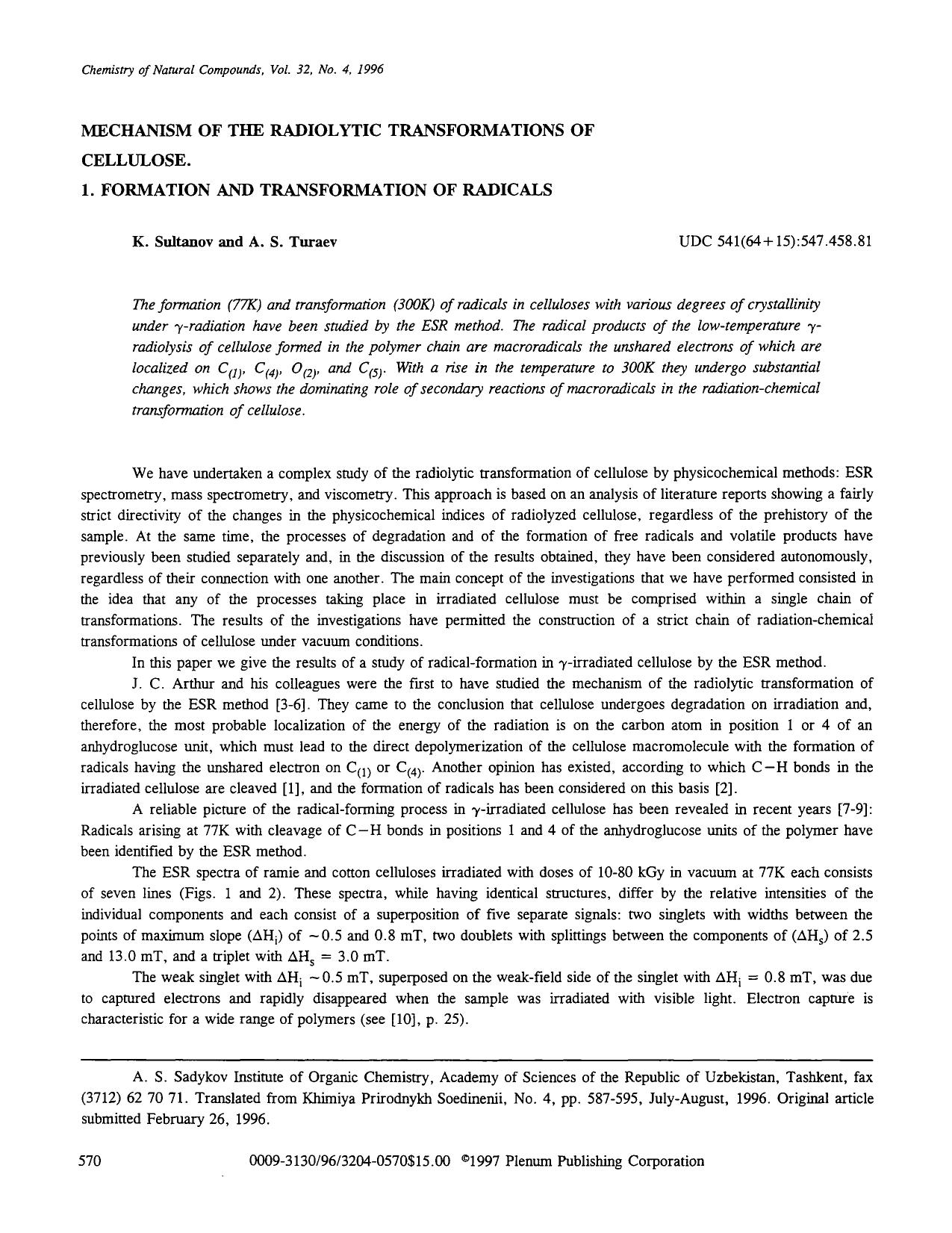 Mechanism of the radiolytic transformations of cellulose 1. Formation and transformation of radicals by Unknown