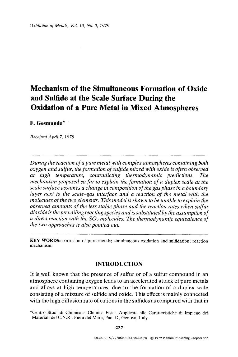 Mechanism of the simultaneous formation of oxide and sulfide at the scale surface during the oxidation of a pure metal in mixed atmospheres by Unknown