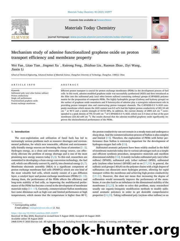 Mechanism study of adenine functionalized graphene oxide on proton transport efficiency and membrane property by Wei Fan & Litao Tian & Jingmei Xu & Kuirong Feng & Zhizhuo Liu & Ruonan Zhao & Ziyi Wang & Jiaxin Li