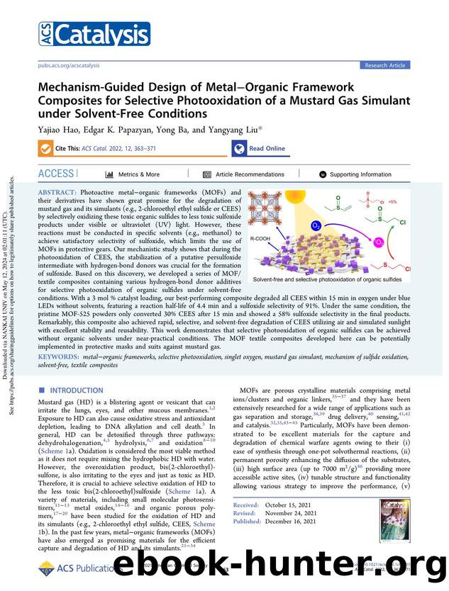 Mechanism-Guided Design of MetalâOrganic Framework Composites for Selective Photooxidation of a Mustard Gas Simulant under Solvent-Free Conditions by Yajiao Hao Edgar K. Papazyan Yong Ba & Yangyang Liu