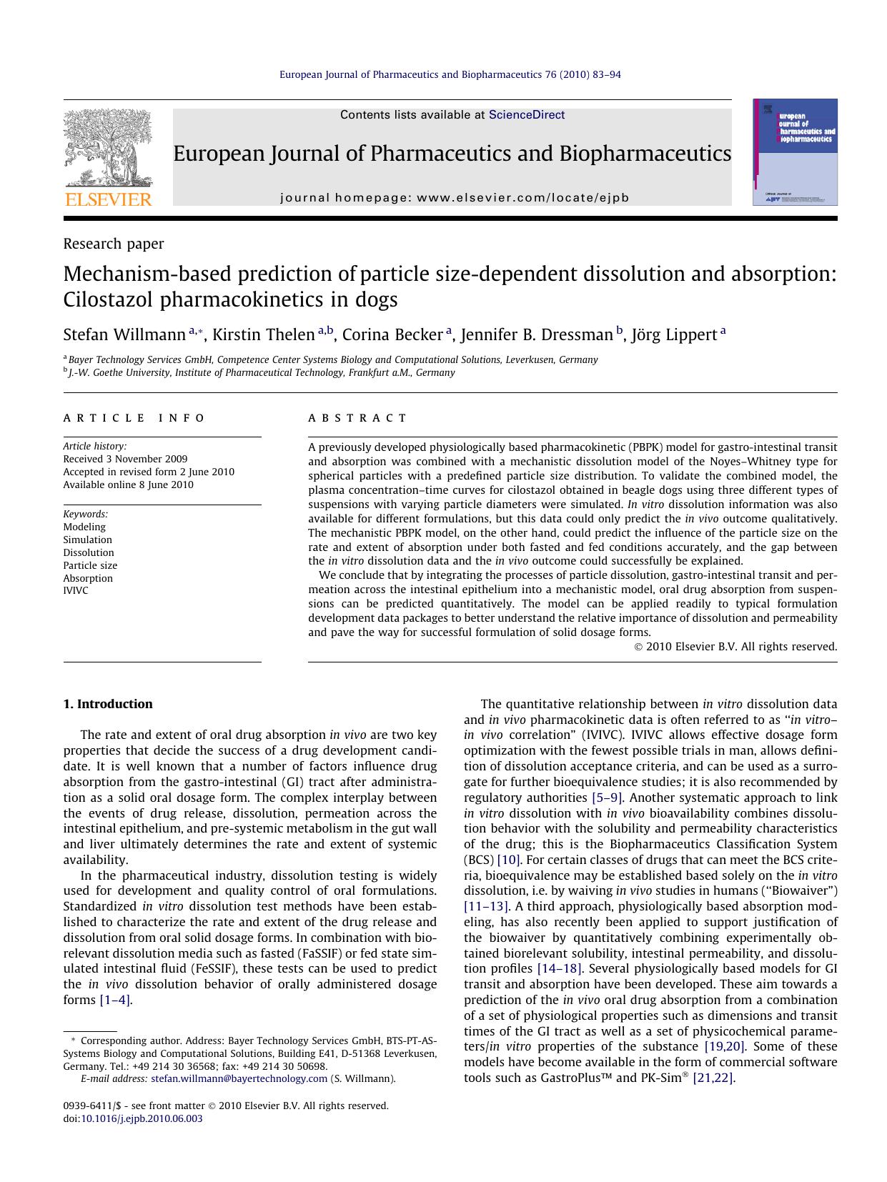 Mechanism-based prediction of particle size-dependent dissolution and absorption: Cilostazol pharmacokinetics in dogs by Stefan Willmann & Kirstin Thelen & Corina Becker & Jennifer B. Dressman & Jörg Lippert