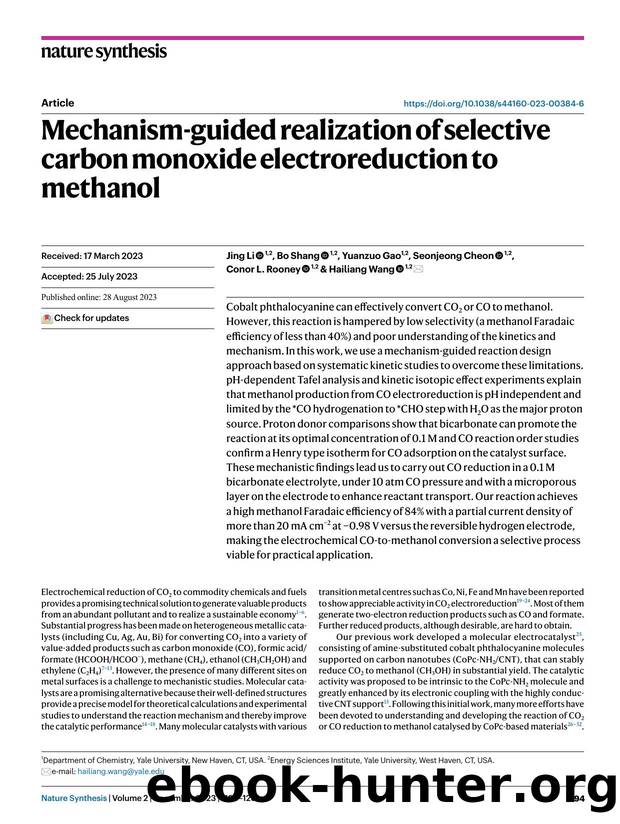 Mechanism-guided realization of selective carbon monoxide electroreduction to methanol by Jing Li & Bo Shang & Yuanzuo Gao & Seonjeong Cheon & Conor L. Rooney & Hailiang Wang