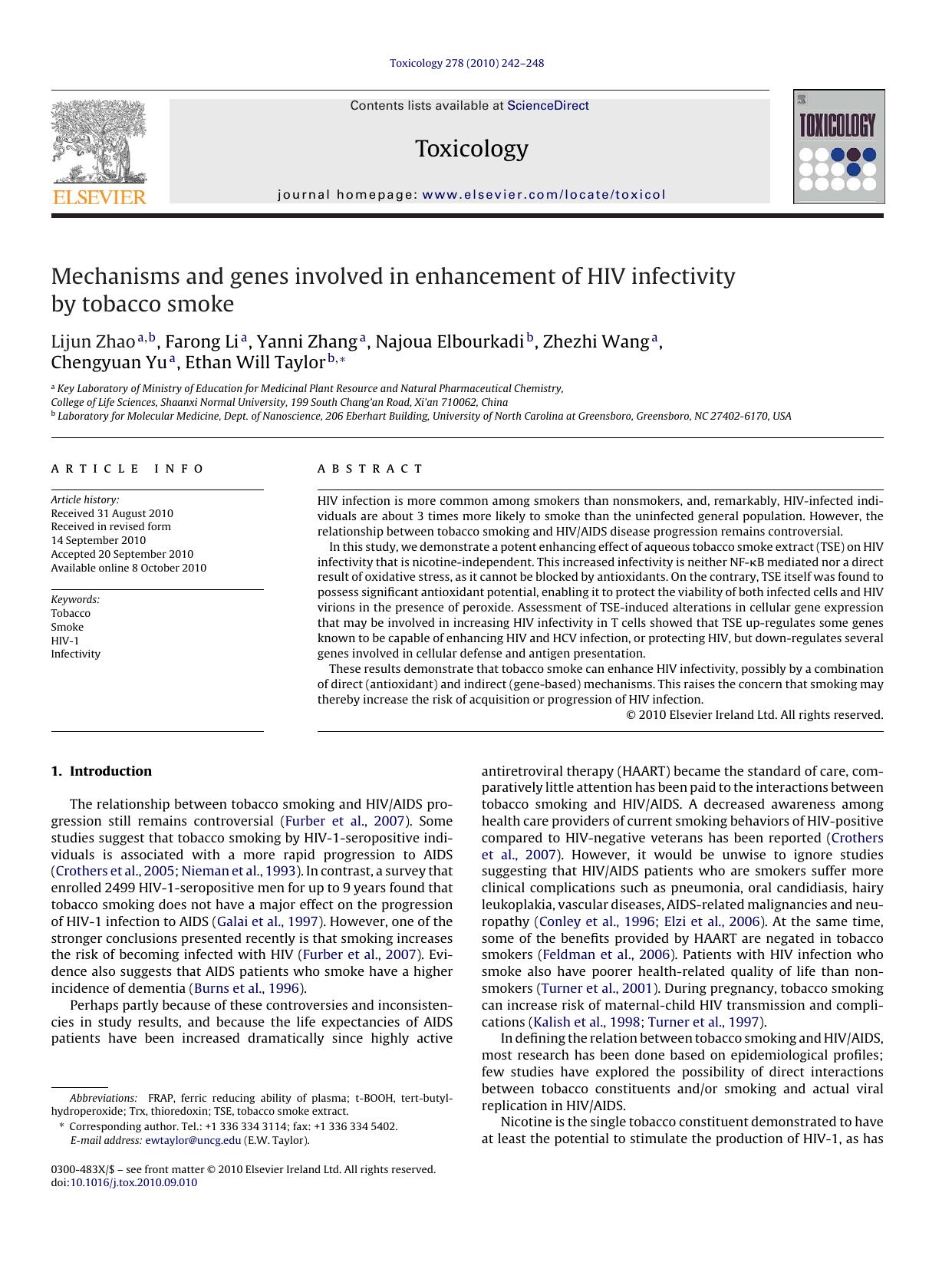 Mechanisms and genes involved in enhancement of HIV infectivity by tobacco smoke by Lijun Zhao