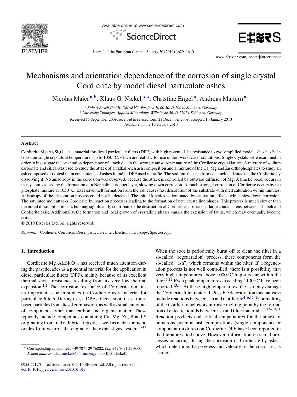 Mechanisms and orientation dependence of the corrosion of single crystal Cordierite by model diesel particulate ashes by Nicolas Maier; Klaus G. Nickel; Christine Engel; Andreas Mattern