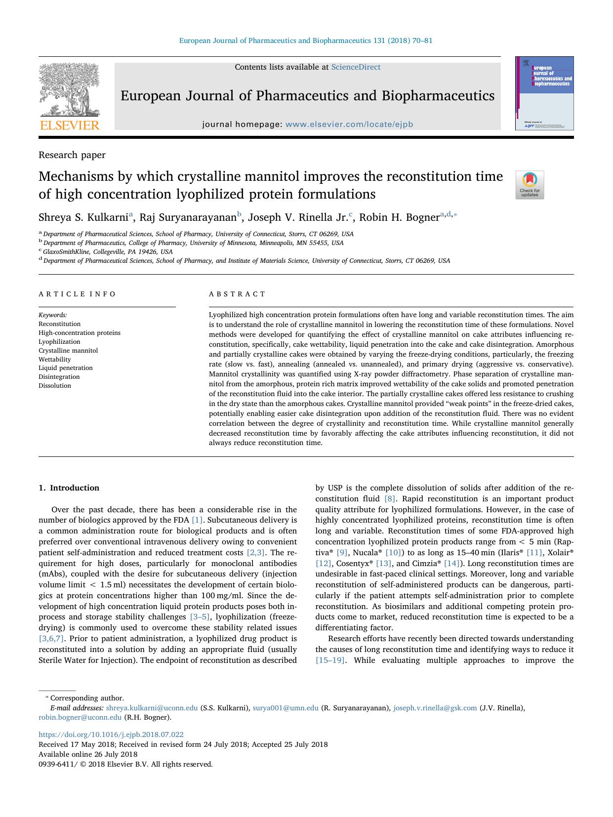 Mechanisms by which crystalline mannitol improves the reconstitution time of high concentration lyophilized protein formulations by Shreya S. Kulkarni & Raj Suryanarayanan & Joseph V. Rinella & Robin H. Bogner