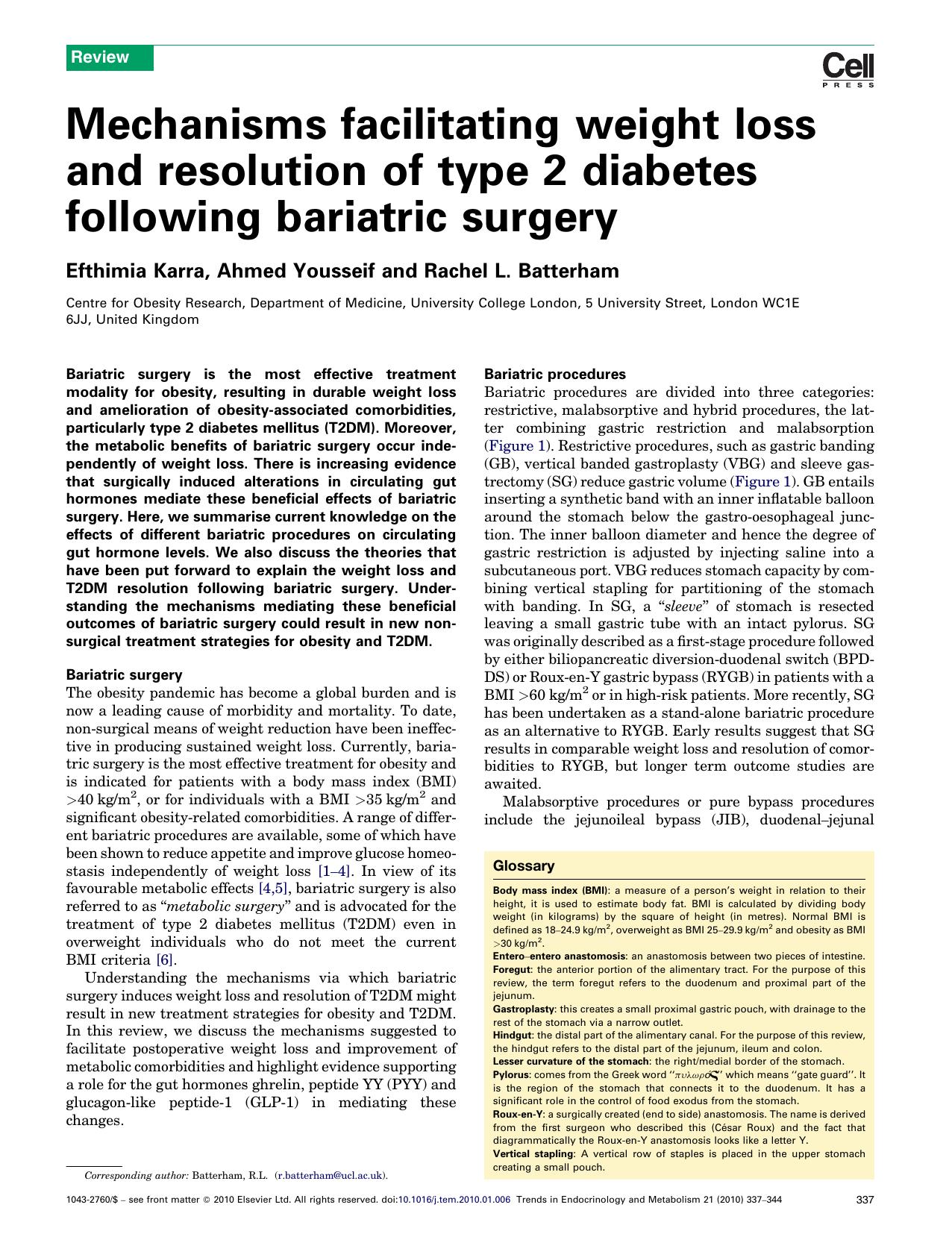 Mechanisms facilitating weight loss and resolution of type 2 diabetes following bariatric surgery by Efthimia Karra; Ahmed Yousseif; Rachel L. Batterham