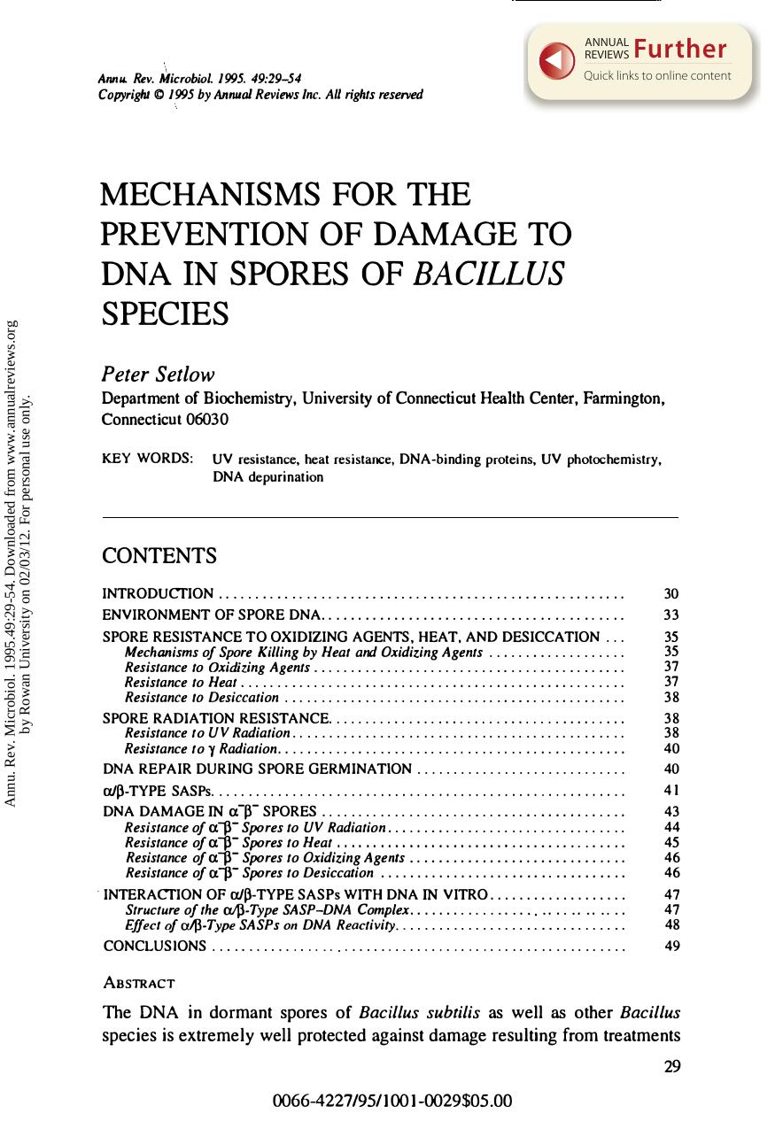 Mechanisms for the Prevention of Damage to DNA in Spores of Bacillus Species by P Setlow