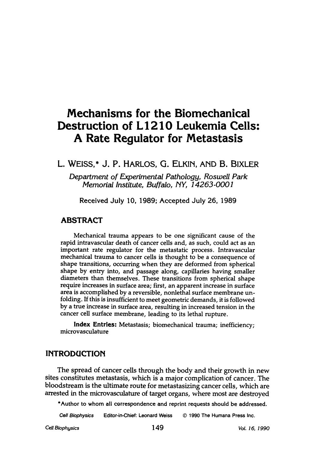 Mechanisms for the biomechanical destruction of L1210 leukemia cells: A rate regulator for metastasis by Unknown