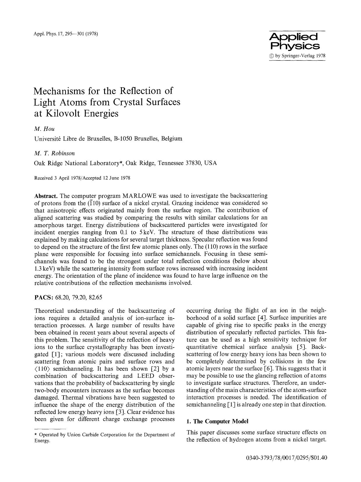 Mechanisms for the reflection of light atoms from crystal surfaces at kilovolt energies by Unknown