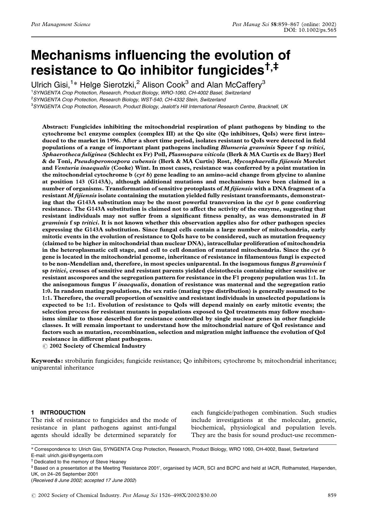Mechanisms influencing the evolution of resistance to Qo inhibitor fungicides by Unknown