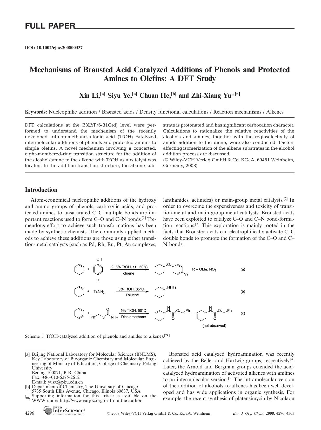 Mechanisms of Brønsted Acid Catalyzed Additions of Phenols and Protected Amines to Olefins: A DFT Study by Unknown
