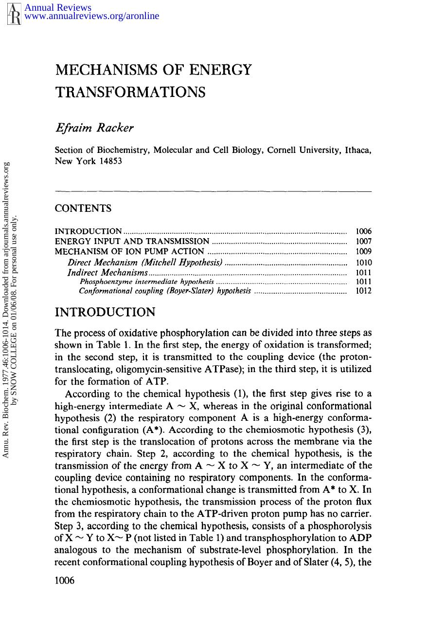 Mechanisms of Energy Transformations by E Racker