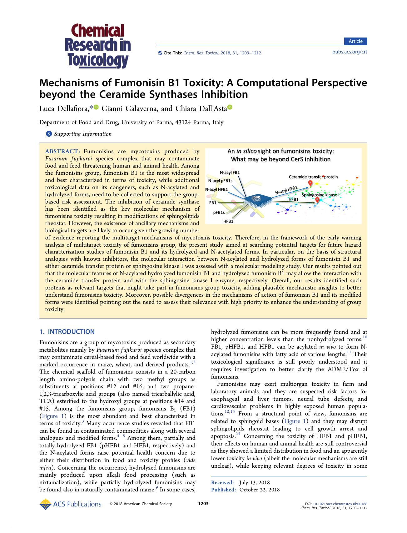 Mechanisms of Fumonisin B1 Toxicity: A Computational Perspective beyond the Ceramide Synthases Inhibition by Luca Dellafiora Gianni Galaverna and Chiara Dall’Asta