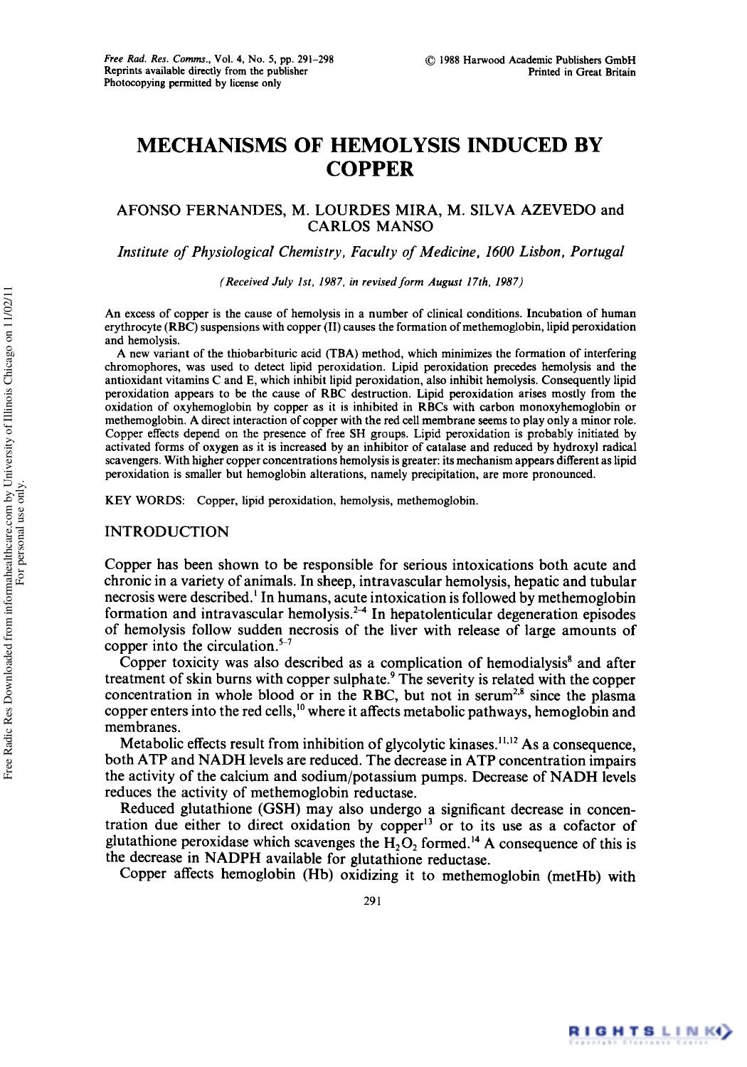 Mechanisms of Hemolysis Induced by Copper by Afonso Fernandes1 M. Lourdes Mira1 M. Silva Azevedo1 & Carlos Manso1