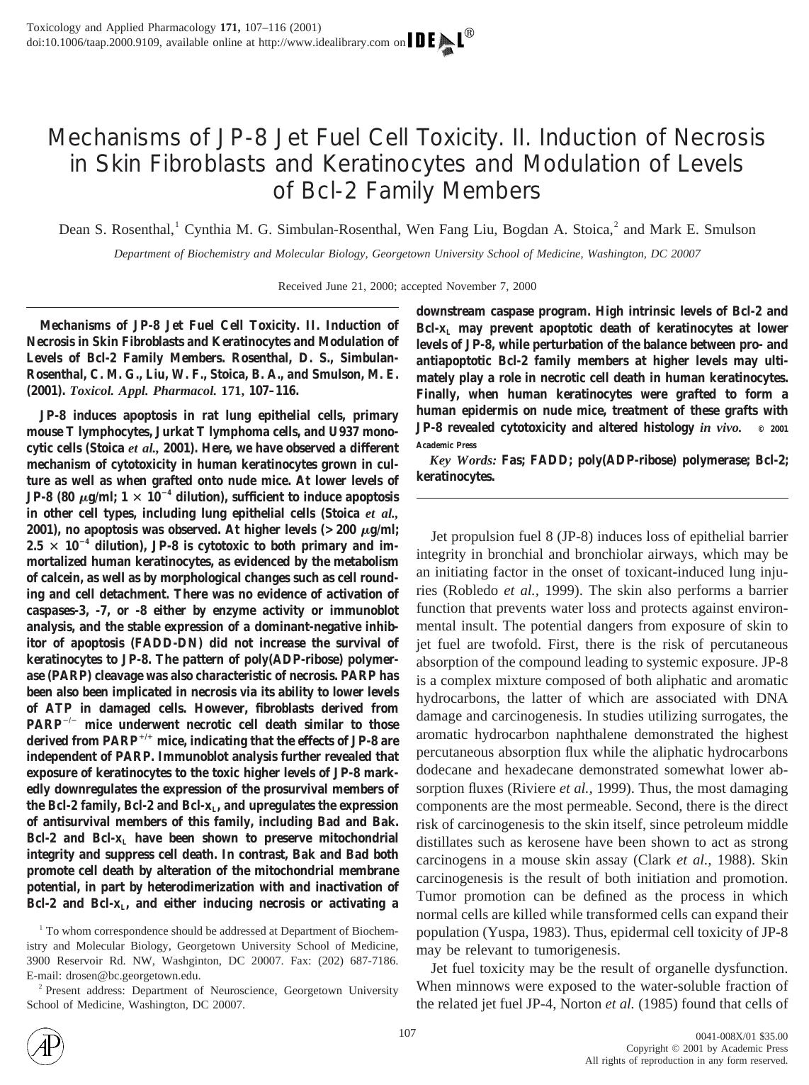 Mechanisms of JP-8 Jet Fuel Cell Toxicity. II. Induction of Necrosis in Skin Fibroblasts and Keratinocytes and Modulation of Levels of Bcl-2 Family Members by Rosenthal D. S. et al