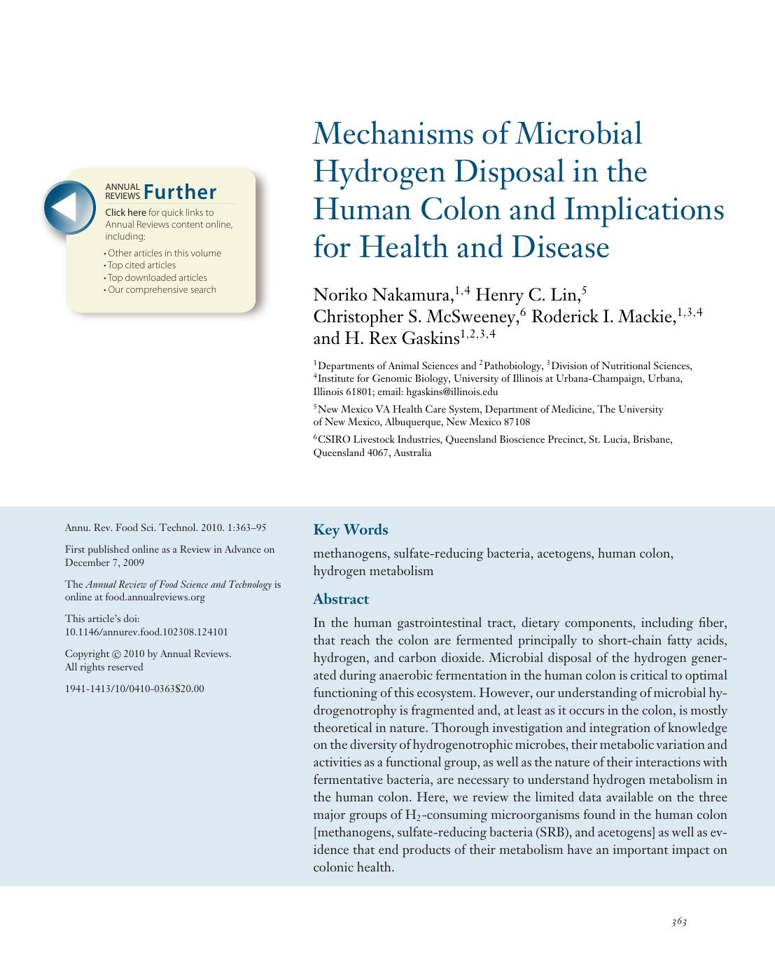 Mechanisms of Microbial Hydrogen Disposal in the Human Colon and Implications for Health and Disease by Noriko Nakamura Henry C. Lin Christopher S. McSweeney Roderick I. Mackie H. Rex Gaskins
