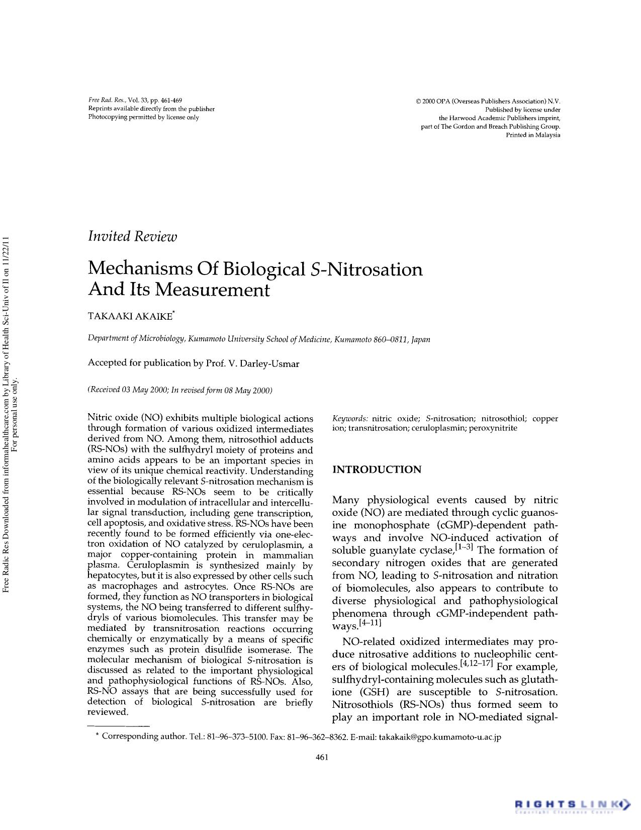 Mechanisms of biological S-nitrosation and its measurement by Takaaki Akaike