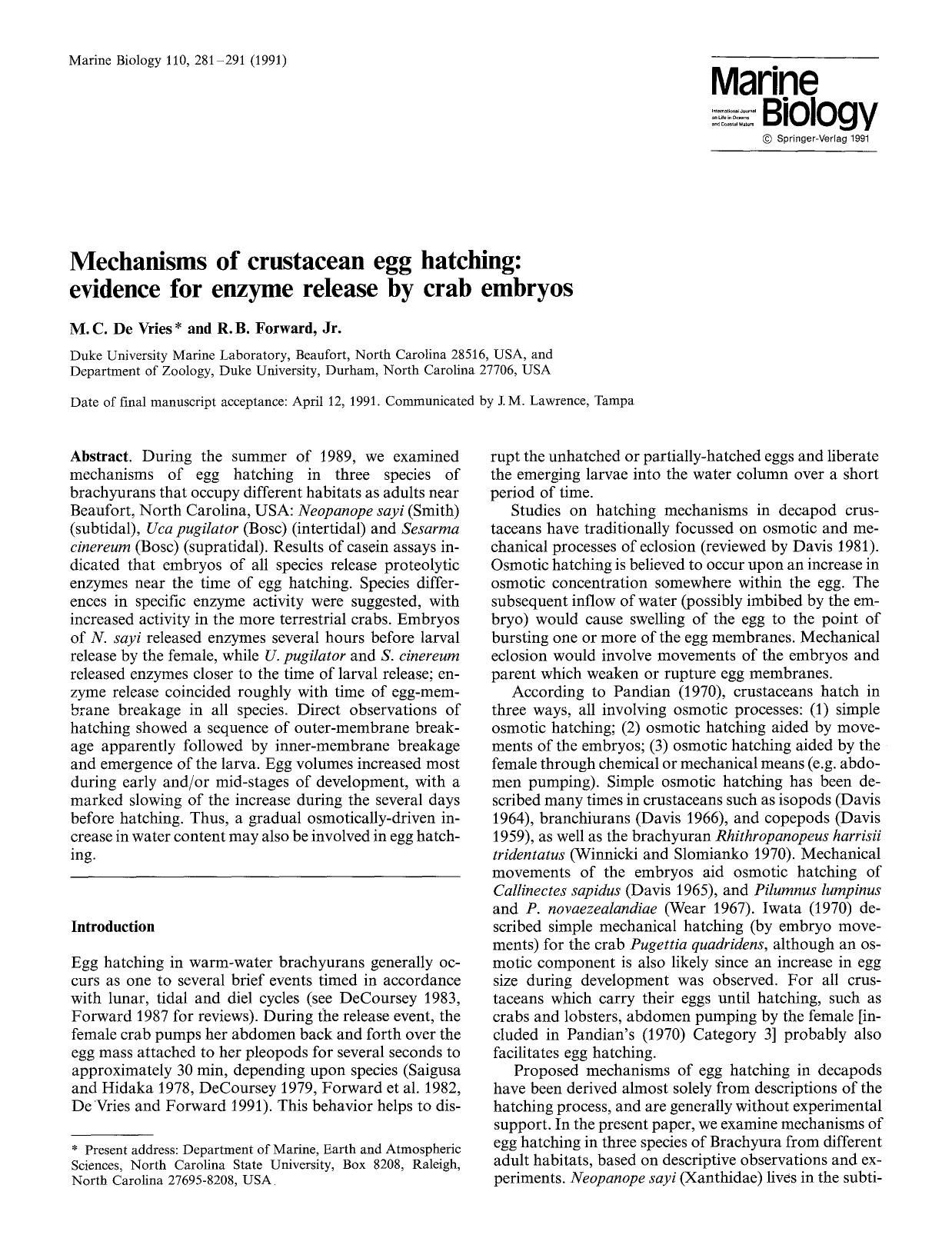 Mechanisms of crustacean egg hatching: Evidence for enzyme release by crab embryos by Unknown