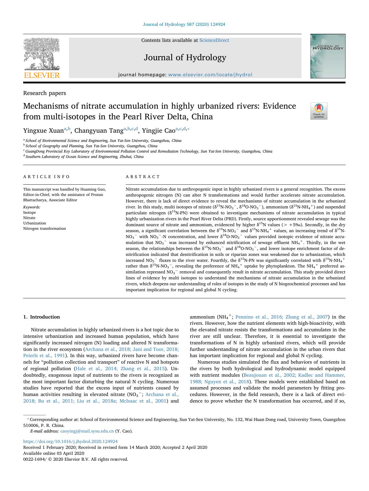 Mechanisms of nitrate accumulation in highly urbanized rivers_ Evidence from multi-isotopes in the Pearl River Delta, China by Yingxue Xuan