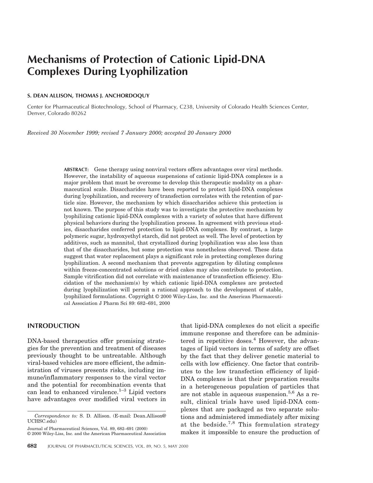 Mechanisms of protection of cationic lipid-DNA complexes during lyophilization by Unknown