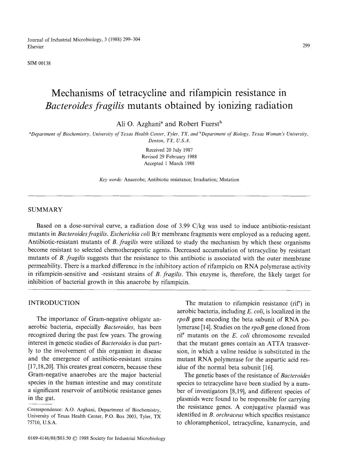 Mechanisms of tetracycline and rifampicin resistance in <Emphasis Type="Italic">Bacteroides fragilis <Emphasis> mutants obtained by ionizing radiation by Unknown