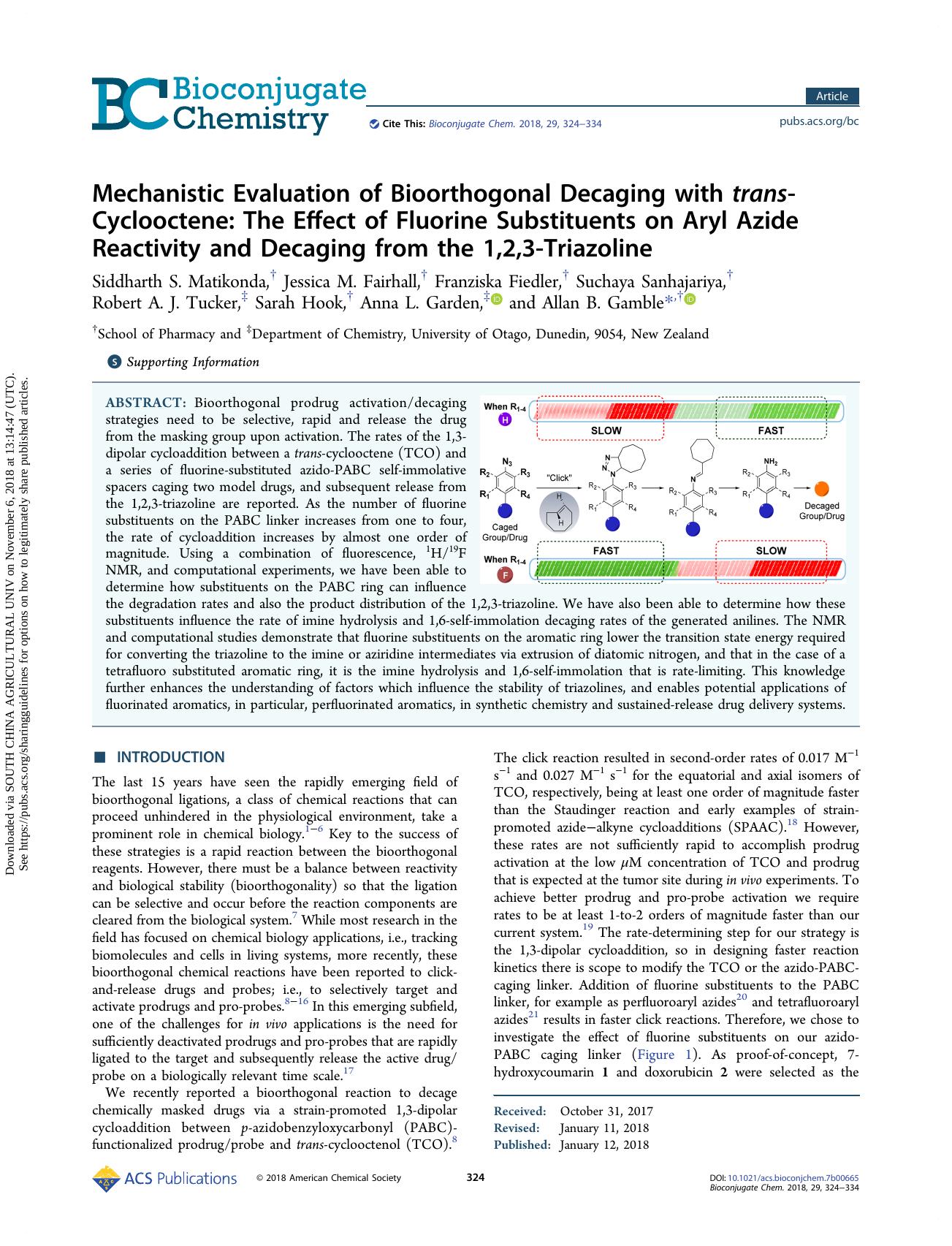 Mechanistic Evaluation of Bioorthogonal Decaging with trans-Cyclooctene: The Effect of Fluorine Substituents on Aryl Azide Reactivity and Decaging from the 1,2,3-Triazoline by unknow