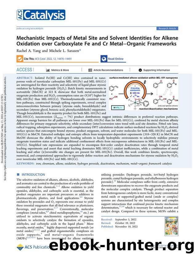 Mechanistic Impacts of Metal Site and Solvent Identities for Alkene Oxidation over Carboxylate Fe and Cr MetalâOrganic Frameworks by Rachel A. Yang & Michele L. Sarazen