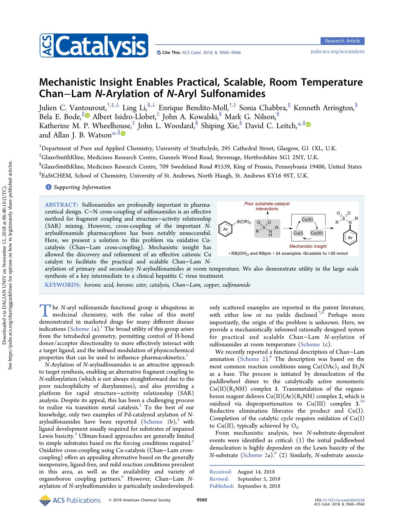 Mechanistic Insight Enables Practical, Scalable, Room Temperature ChanâLam N-Arylation of N-Aryl Sulfonamides by unknow
