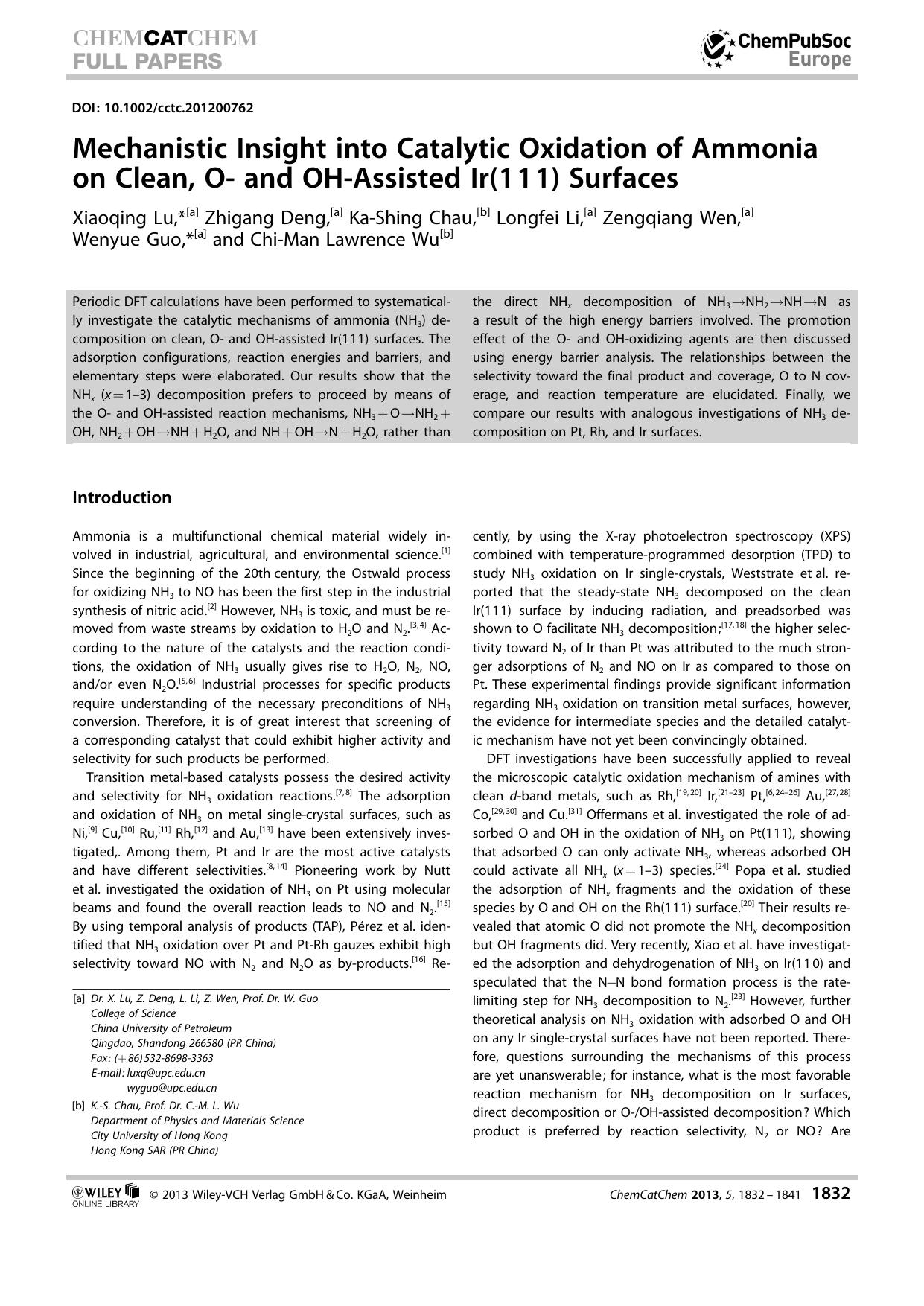 Mechanistic Insight into Catalytic Oxidation of Ammonia on Clean, O and OHAssisted Ir(111) Surfaces by Unknown