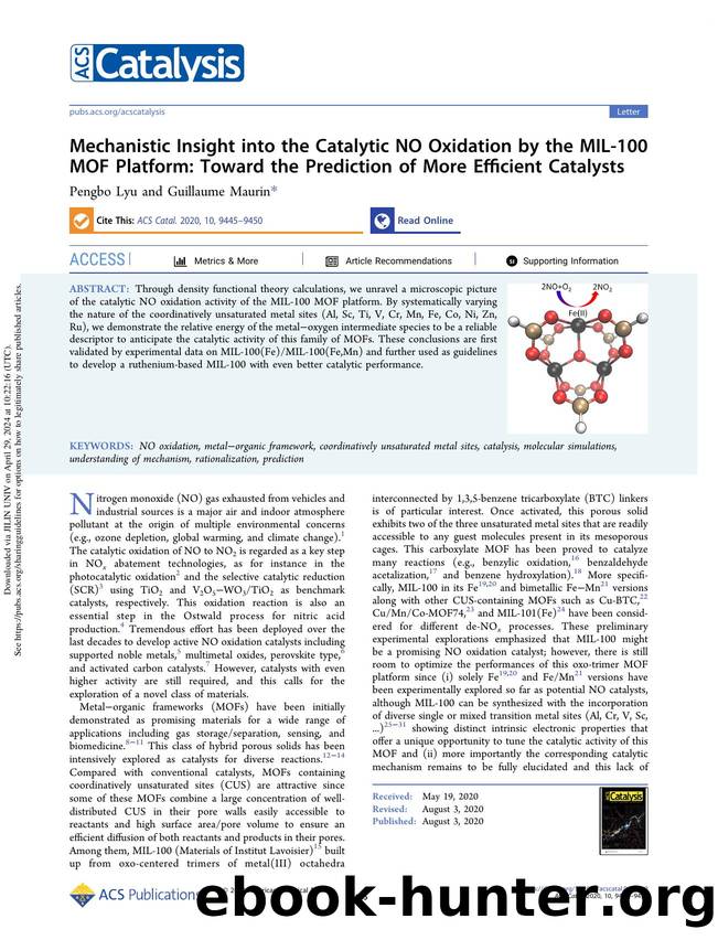 Mechanistic Insight into the Catalytic NO Oxidation by the MIL-100 MOF Platform: Toward the Prediction of More Efficient Catalysts by Pengbo Lyu & Guillaume Maurin
