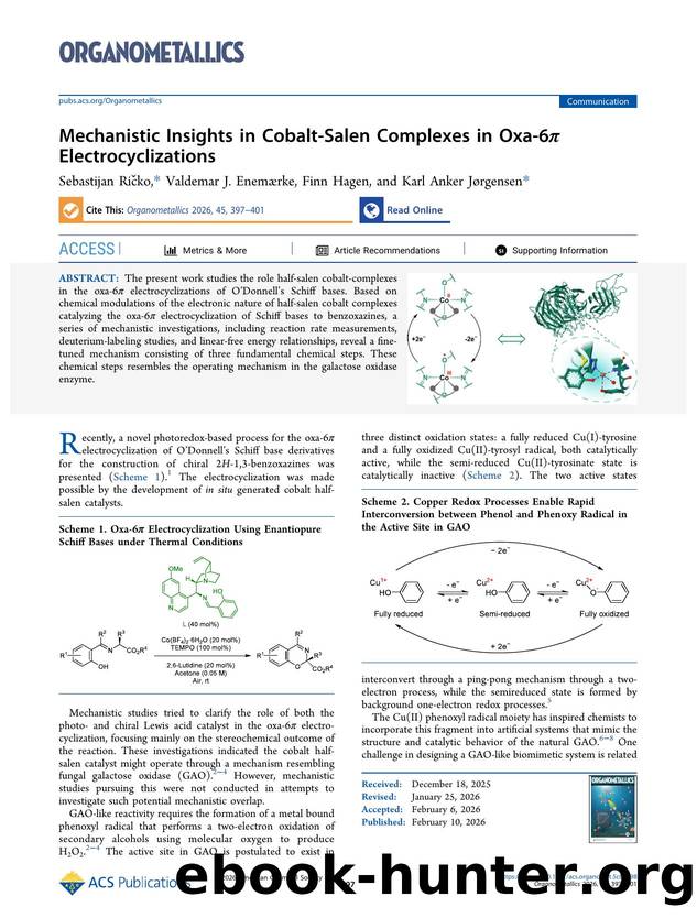 Mechanistic Insights in Cobalt-Salen Complexes in Oxa-6Ï Electrocyclizations by Sebastijan Ričko Valdemar J. Enemærke Finn Hagen and Karl Anker Jørgensen