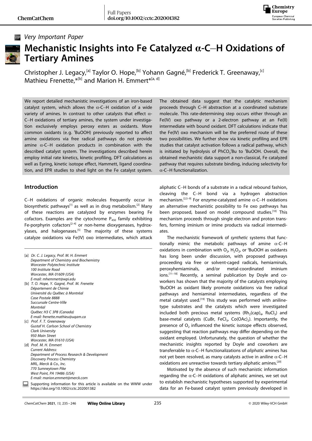 Mechanistic Insights into Fe Catalyzed Î±âCâH Oxidations of Tertiary Amines by Unknown