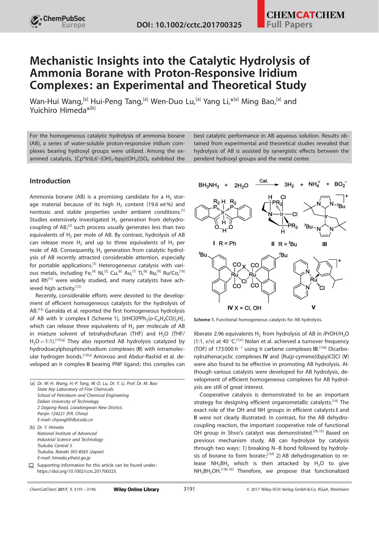 Mechanistic Insights into the Catalytic Hydrolysis of Ammonia Borane with ProtonâResponsive Iridium Complexes: an Experimental and Theoretical Study by Unknown