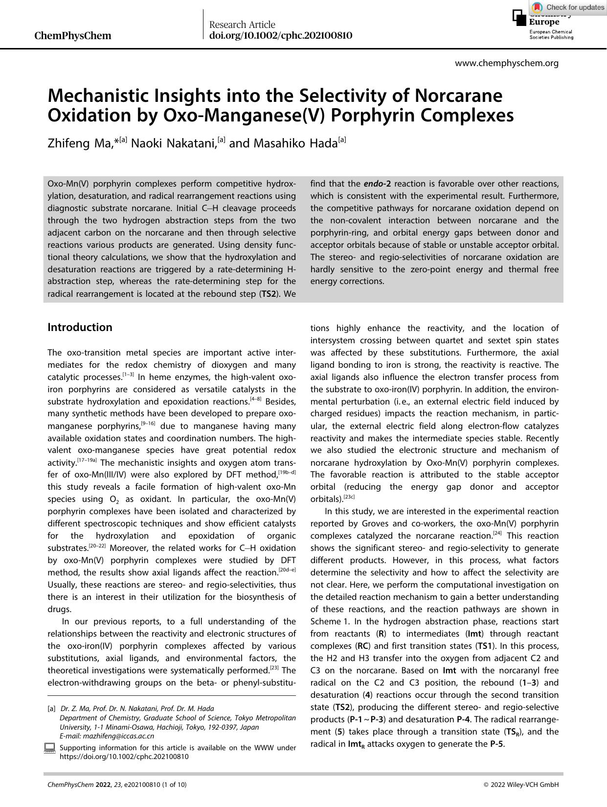 Mechanistic Insights into the Selectivity of Norcarane Oxidation by OxoâManganese(V) Porphyrin Complexes by Unknown