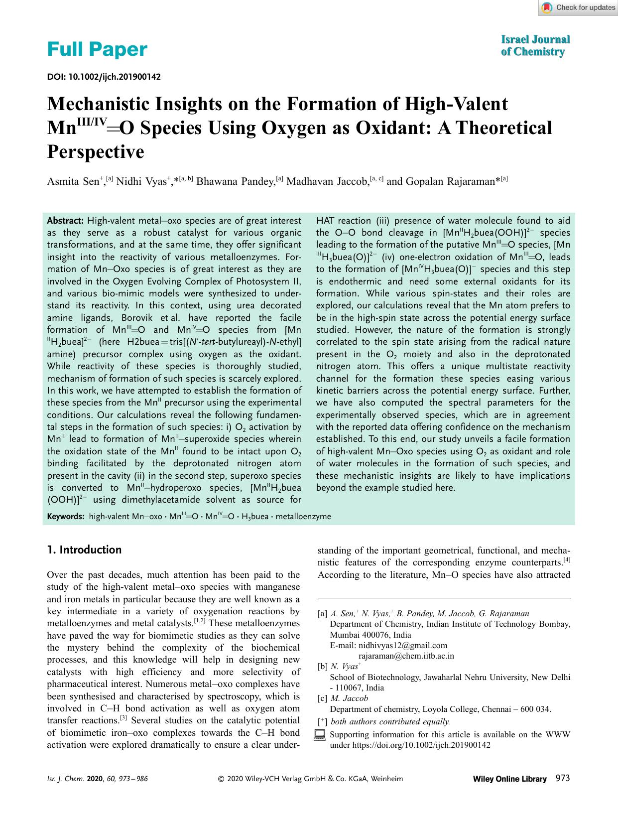 Mechanistic Insights on the Formation of HighâValent MnIIIIV=O Species Using Oxygen as Oxidant: A Theoretical Perspective by Unknown