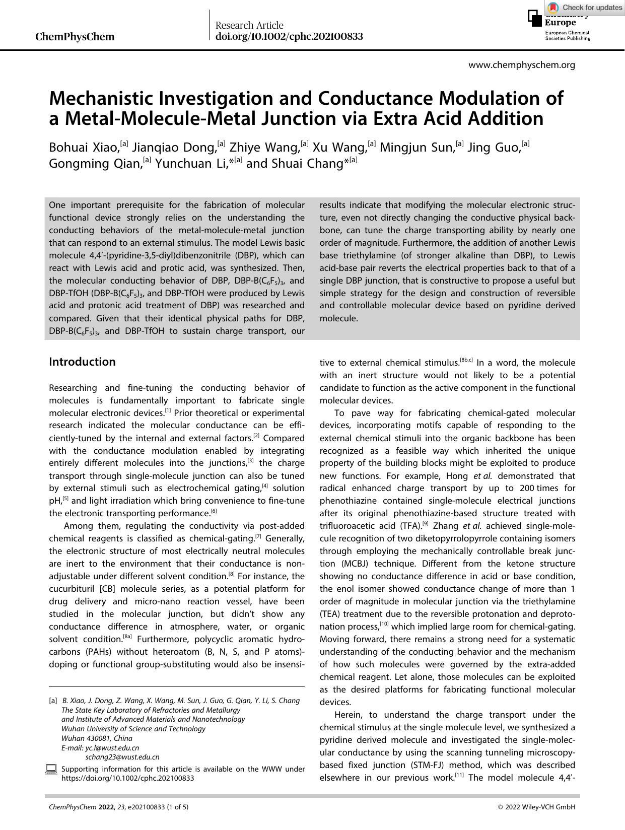 Mechanistic Investigation and Conductance Modulation of a MetalâMoleculeâMetal Junction via Extra Acid Addition by Unknown
