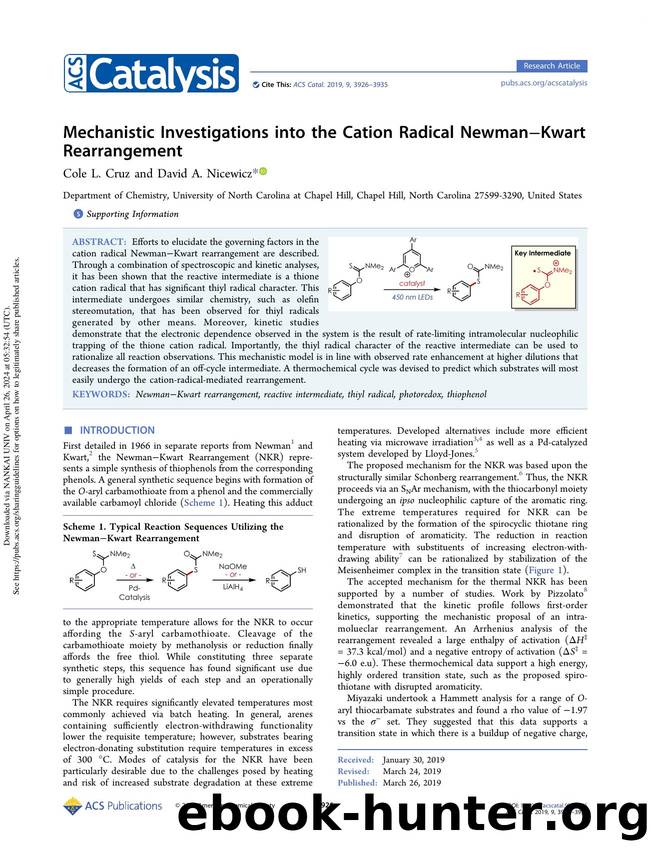 Mechanistic Investigations into the Cation Radical NewmanâKwart Rearrangement by Cole L. Cruz & David A. Nicewicz
