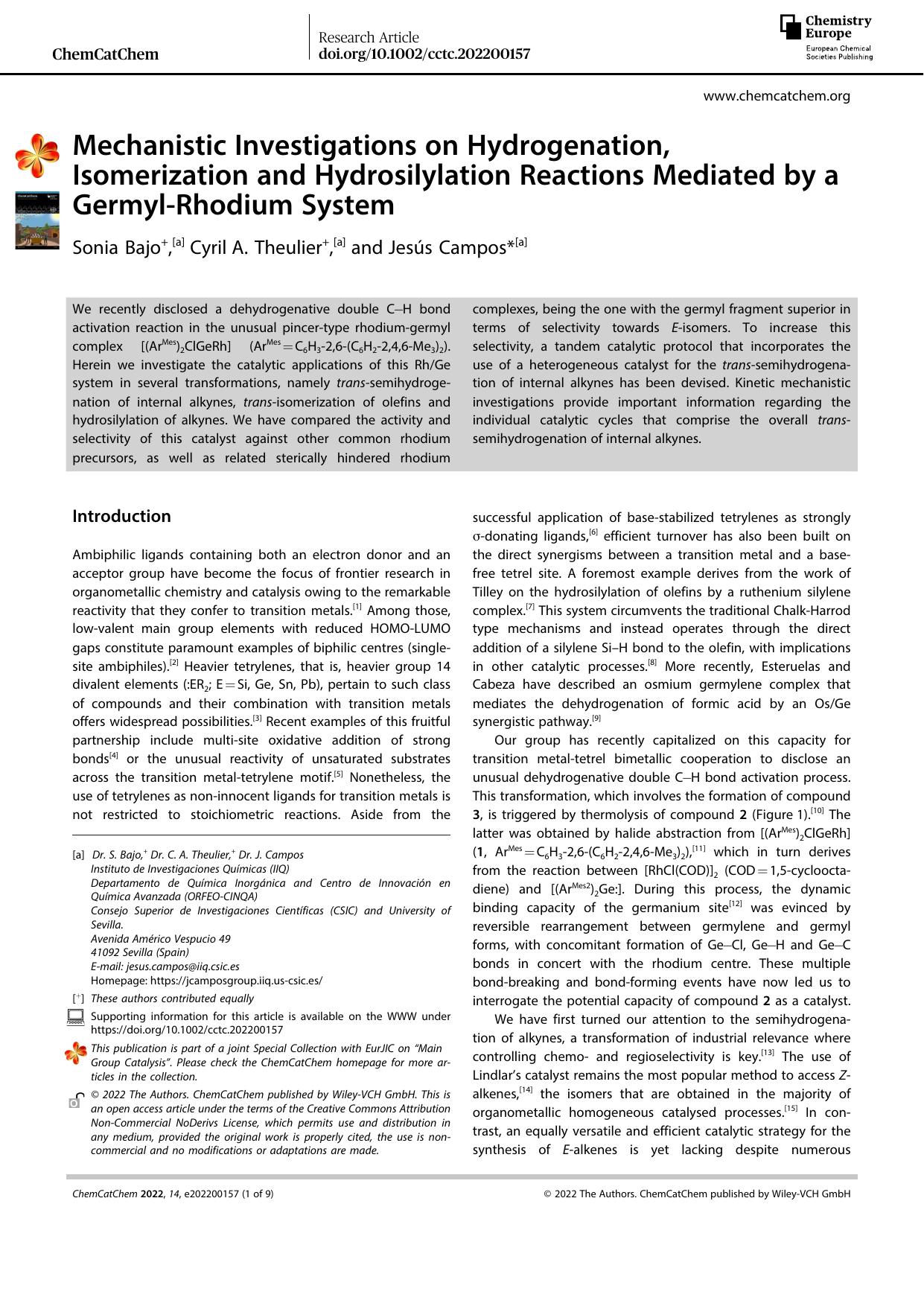 Mechanistic Investigations on Hydrogenation, Isomerization and Hydrosilylation Reactions Mediated by a GermylâRhodium System by Unknown