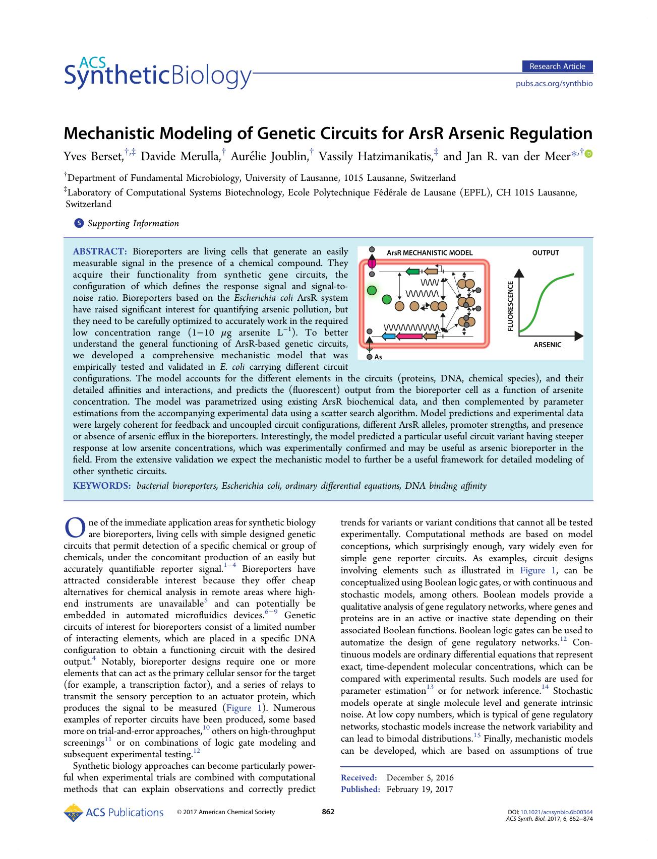 Mechanistic Modeling of Genetic Circuits for ArsR Arsenic Regulation by Yves Berset Davide Merulla Aurélie Joublin Vassily Hatzimanikatis and Jan R. van der Meer