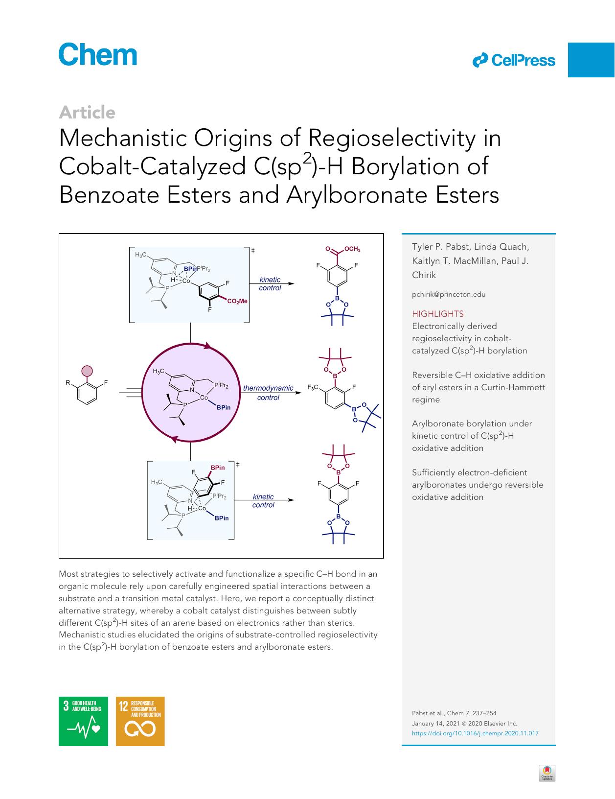 Mechanistic Origins of Regioselectivity in Cobalt-Catalyzed C(sp2)-H Borylation of Benzoate Esters and Arylboronate Esters by Tyler P. Pabst & Linda Quach & Kaitlyn T. MacMillan & Paul J. Chirik