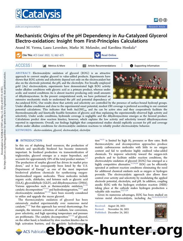 Mechanistic Origins of the pH Dependency in Au-Catalyzed Glycerol Electro-oxidation: Insight from First-Principles Calculations by Anand M. Verma Laura Laverdure Marko M. Melander & Karoliina Honkala