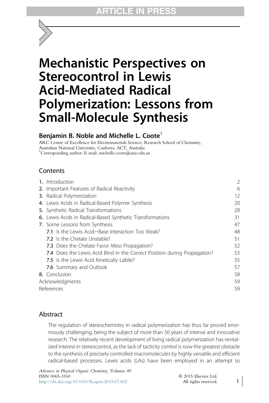Mechanistic Perspectives on Stereocontrol in Lewis Acid-Mediated Radical Polymerization: Lessons from Small-Molecule Synthesis by Benjamin B. Noble & Michelle L. Coote