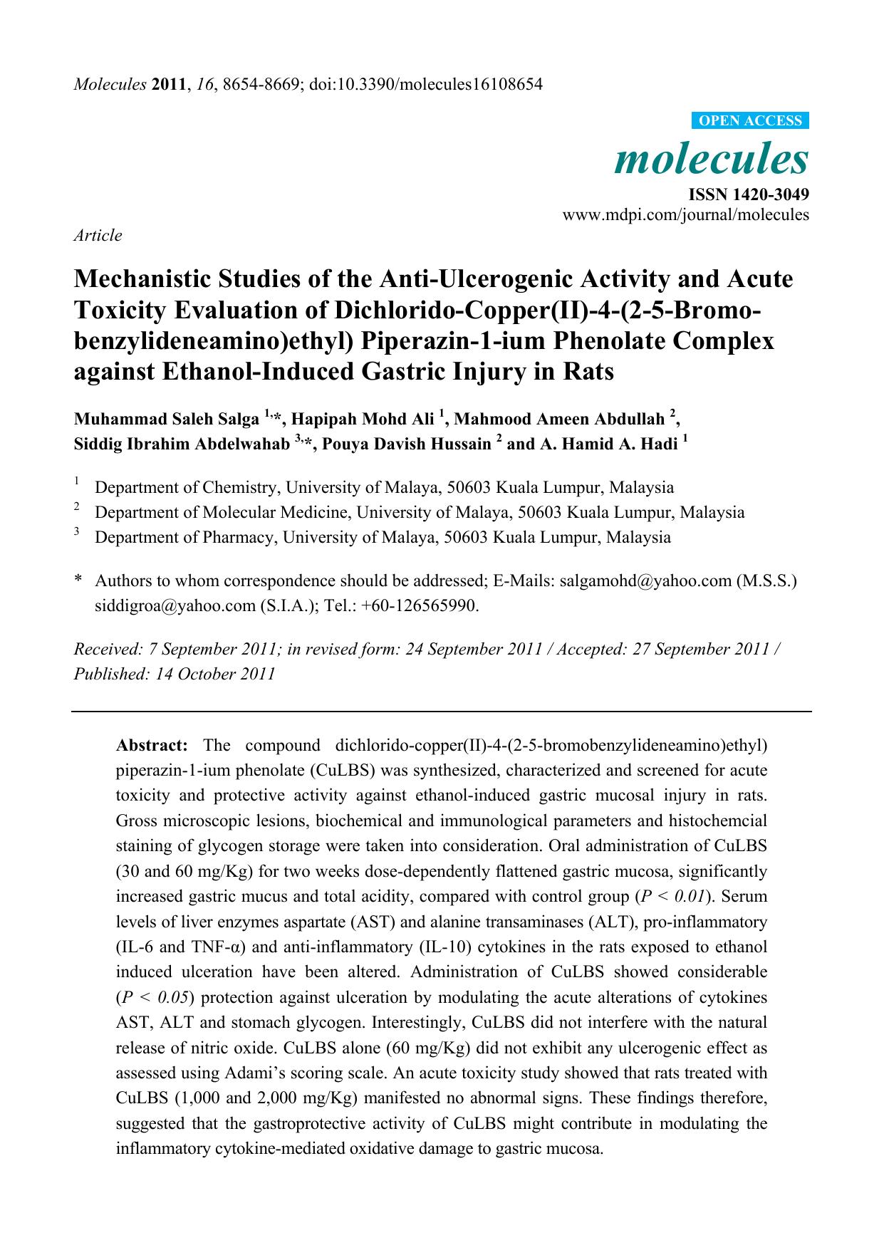 Mechanistic Studies of the Anti-Ulcerogenic Activity and Acute Toxicity Evaluation of Dichlorido-Copper(II)-4-(2-5-Bromo-benzylideneamino)ethyl) Piperazin-1-ium Phenolate Complex a by unknow
