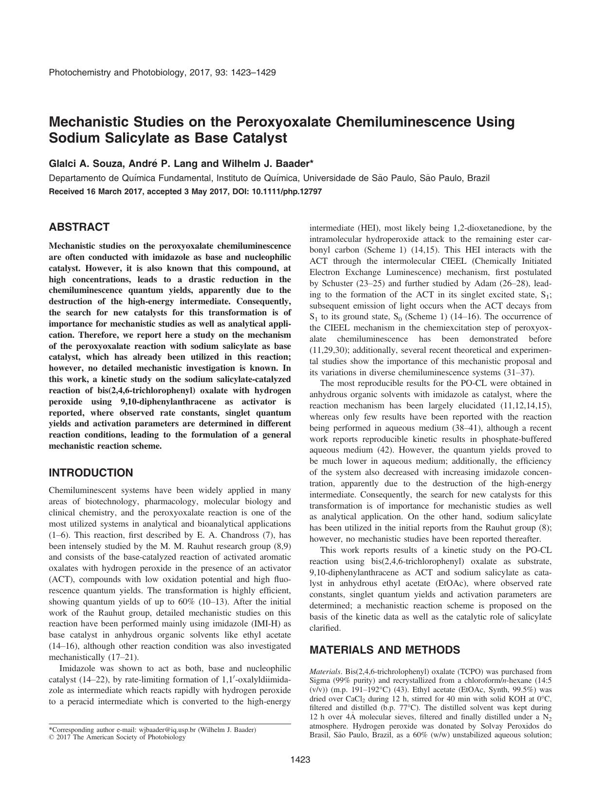 Mechanistic Studies on the Peroxyoxalate Chemiluminescence Using Sodium Salicylate as Base Catalyst by Unknown