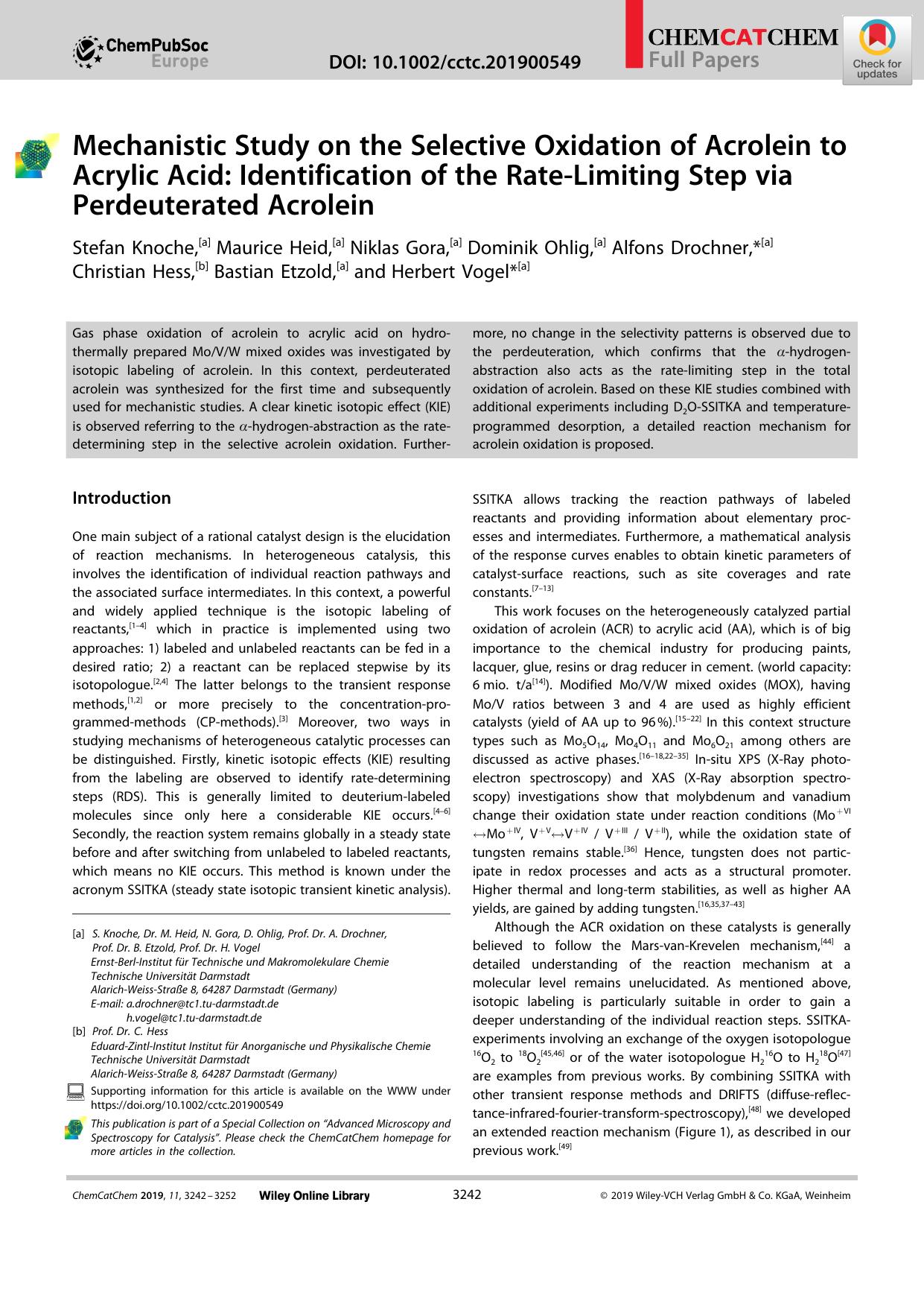 Mechanistic Study on the Selective Oxidation of Acrolein to Acrylic Acid: Identification of the RateâLimiting Step via Perdeuterated Acrolein by Unknown